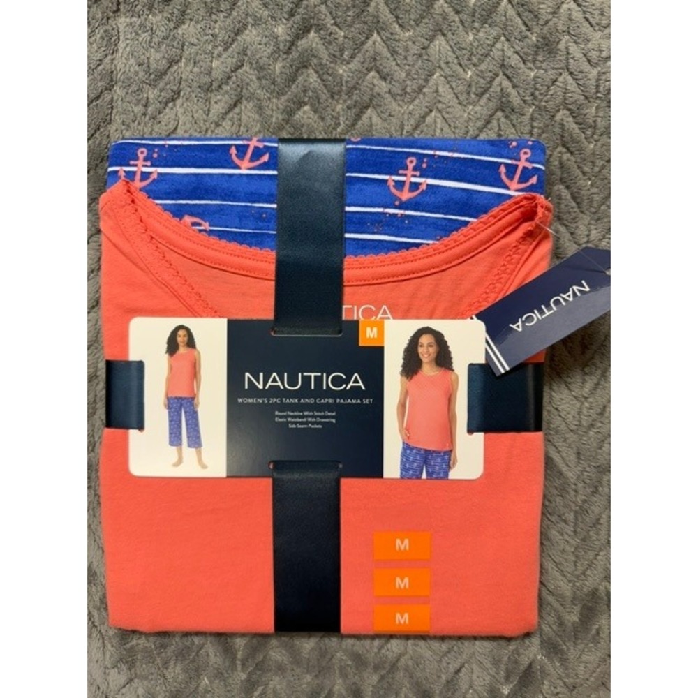 Nautica Womens 2 Piece Pajama Set Coral Tank Blue Anchor Capri Sleepwear Medium